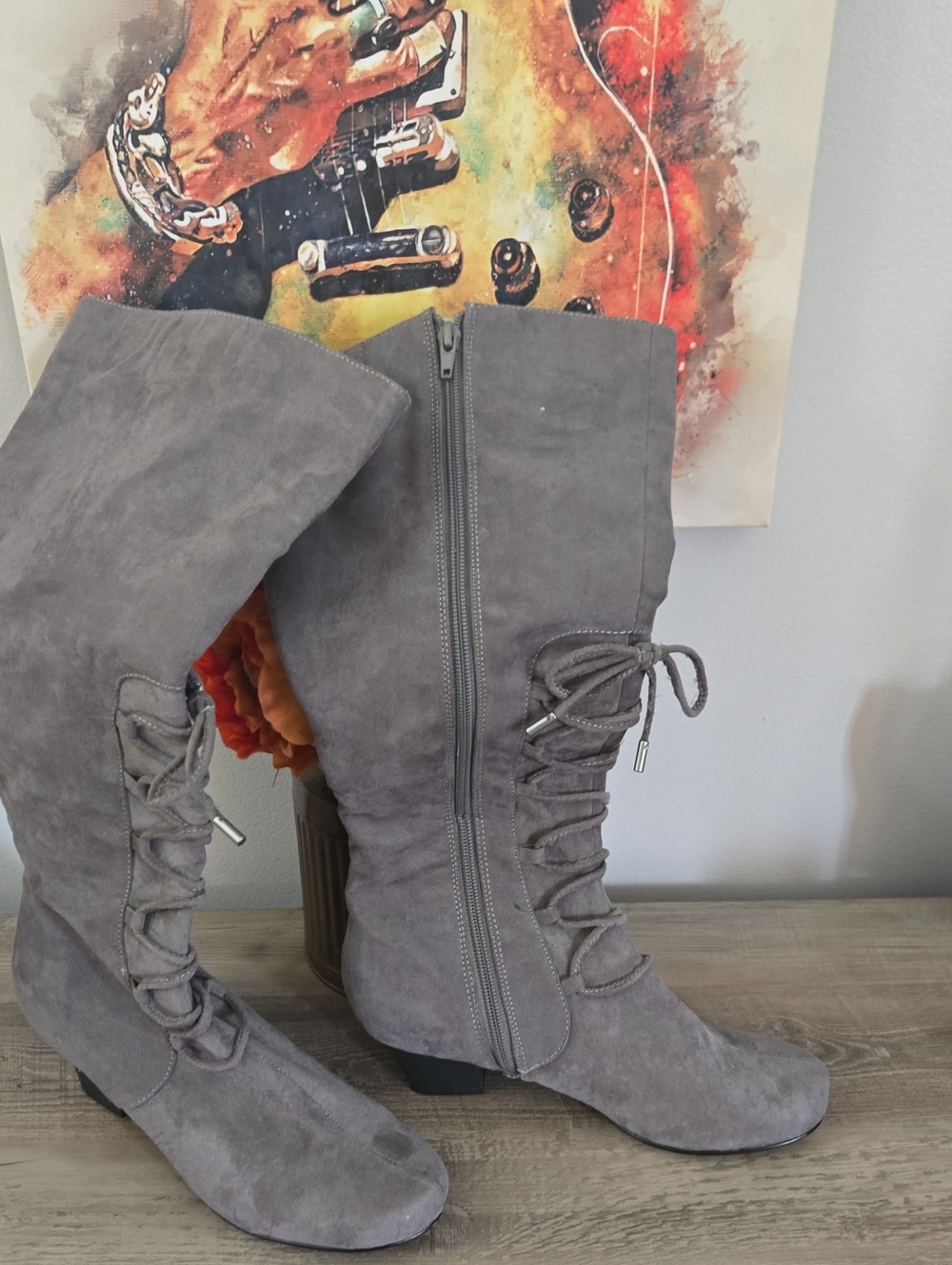 Women's Gray Lace-Up Knee Boots - Suede Look